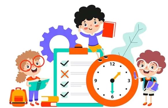 Illustration Of Children With A Clock, Checklist And Learning Materials