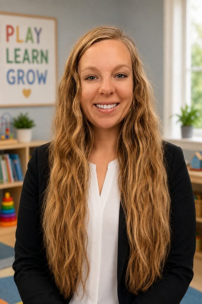 Portrait Of A Smiling Team Member Beside A Play, Learn, Grow Sign
